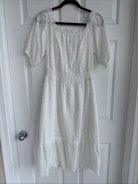 Betsey Johnson White Eyelet Puff-Sleeve Midi Dress